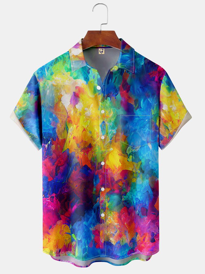 Men's Casual Art Tie Dye Front Button Soft Breathable Chest Pocket Casual Hawaiian Shirt
