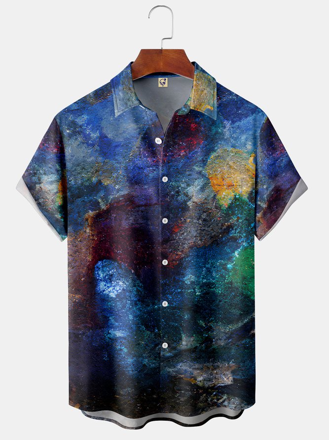Men's Casual Art Starry Front Button Soft Breathable Chest Pocket Casual Hawaiian Shirt