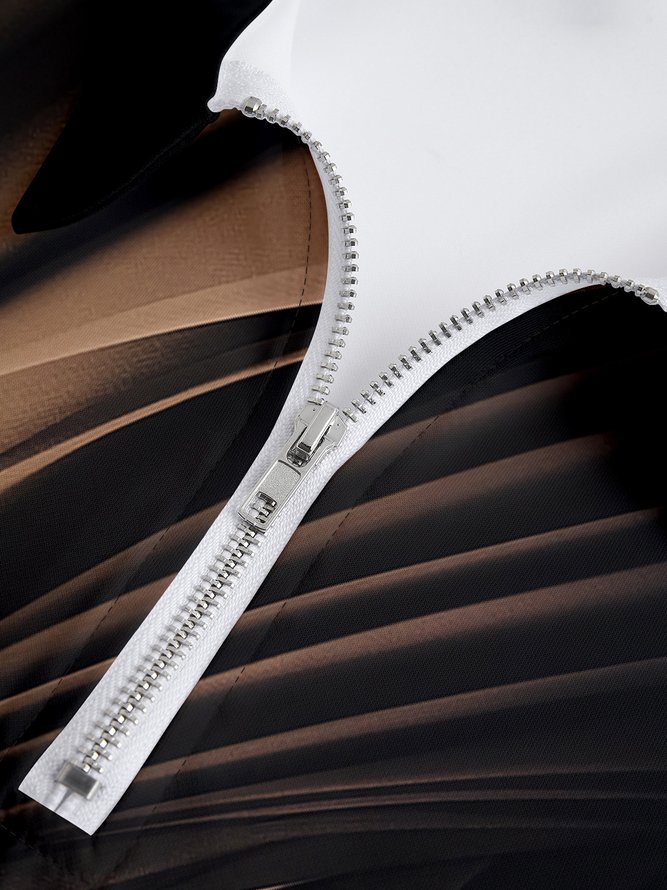 Casual Art Collection 3D Gradient Line Geometric Pattern Lapel Zip Long Sleeve Print Polo Shirt