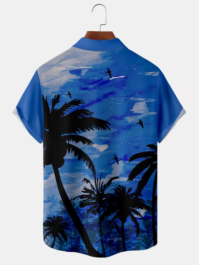 Men's Back Coconut Tree Print Casual Breathable Short Sleeve Shirt with Pockets