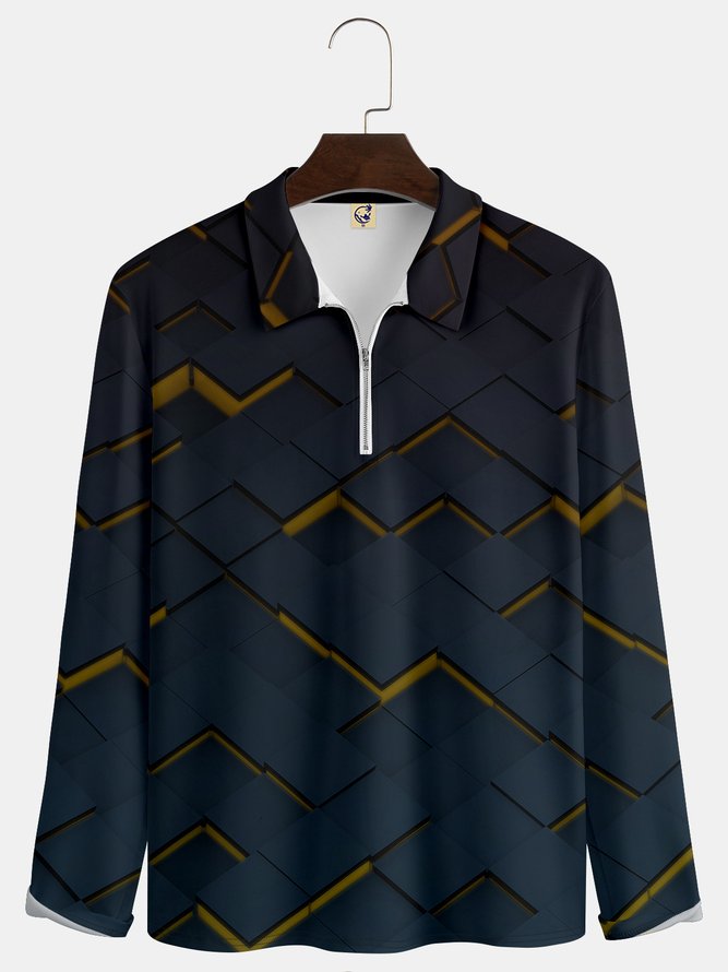 Casual Art Line Geometric Color Block Pattern Lapel Zip Long Sleeve Print Polo Shirt