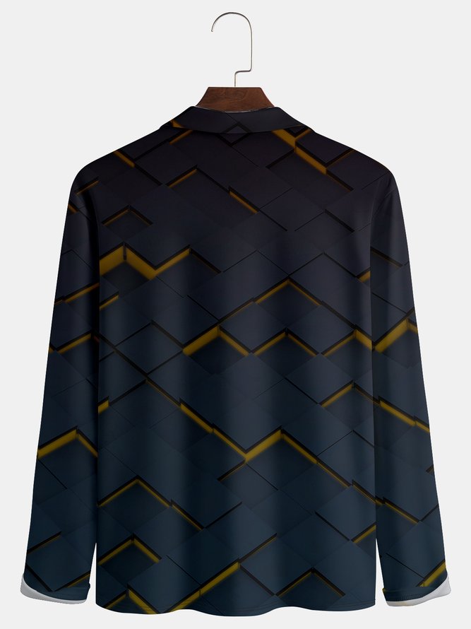 Casual Art Line Geometric Color Block Pattern Lapel Zip Long Sleeve Print Polo Shirt