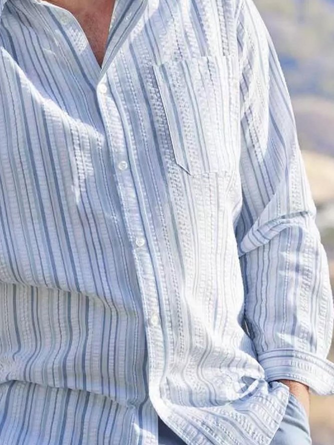 Cotton Linen Bubble Crinkle Stripe Casual Long Sleeve Shirt