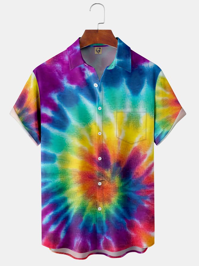 Mens Retro Tie Dye Print Front Buttons Soft Breathable Chest Pocket Casual Hawaiian Shirt