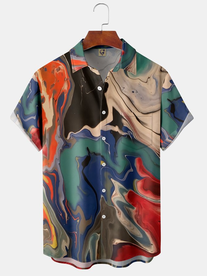 Mens Abstract Print Front Buttons Soft Breathable Chest Pocket Casual Hawaiian Shirts