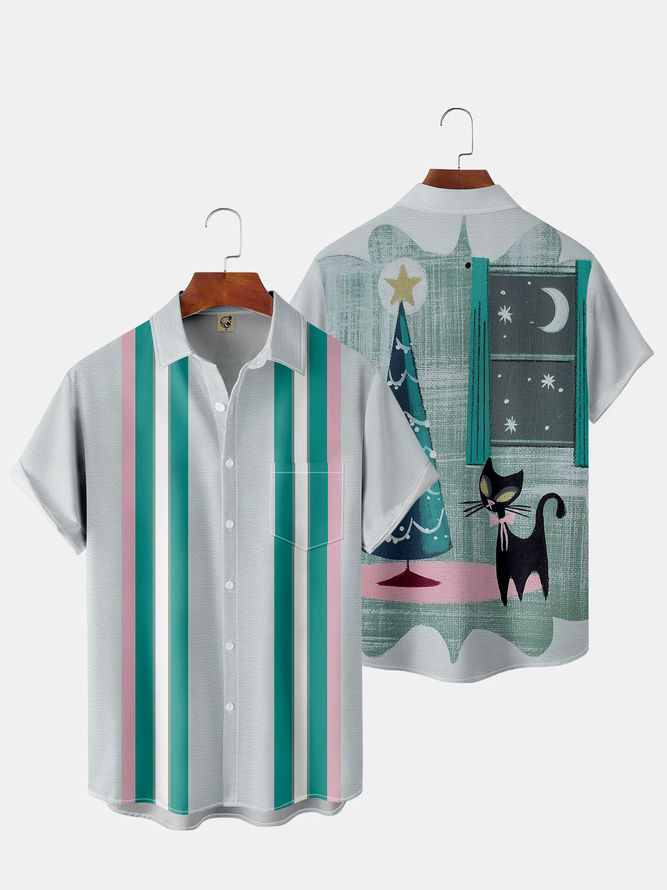 Casual Style Casual Collection Mid-Century Retro Geometric Stripes Color Block Cat  Lapel Short Sleeve Chest Pocket Shirt 