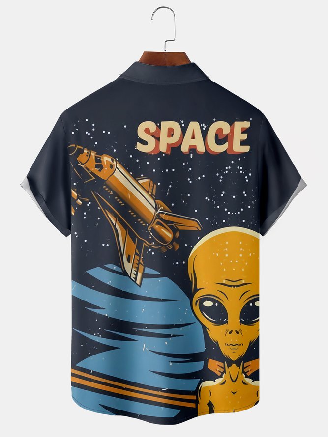 Space Alien Breast Pocket Short Sleeve Shirt Tech Lapel Print Top