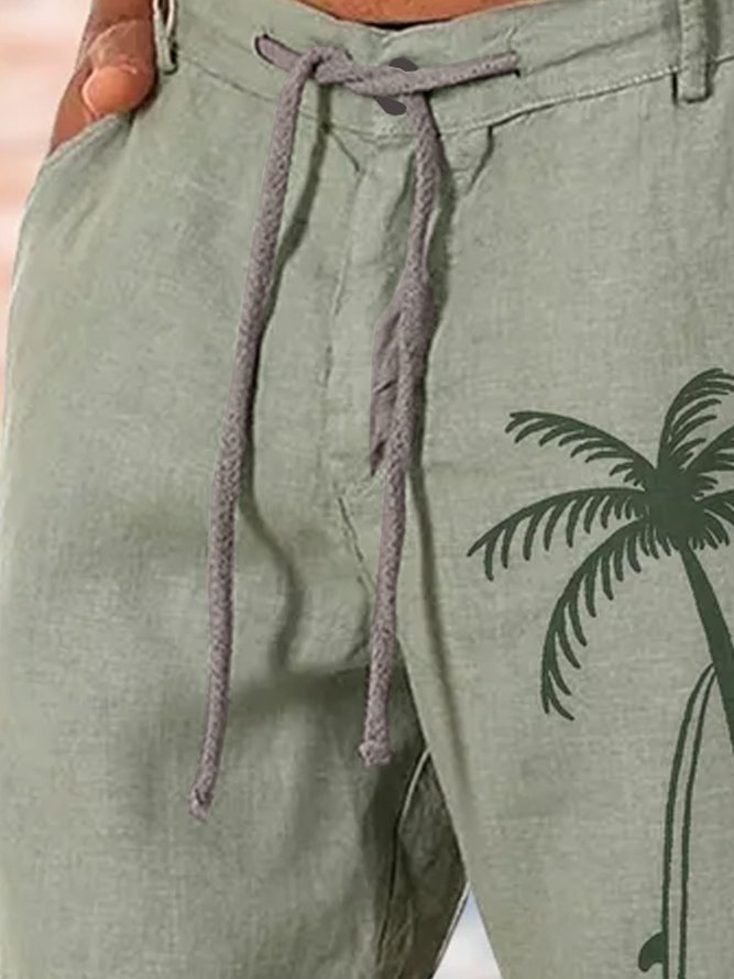 Mens Cotton and Linen Hawaiian Vacation Shorts Coconut Tree Print Bottom