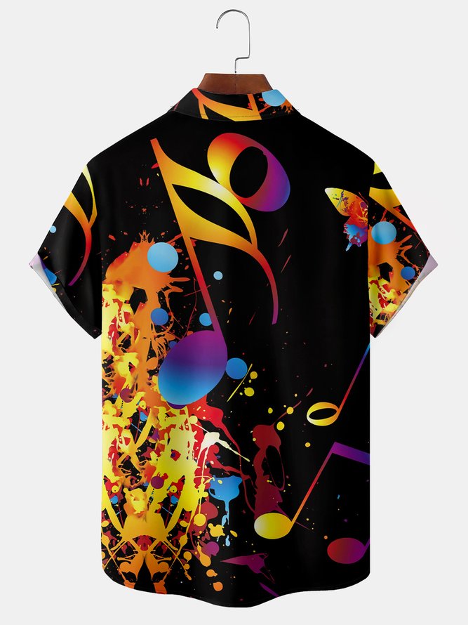 Men's Music Symbol Print Fashion Hawaiian Lapel Short Sleeve Shirt