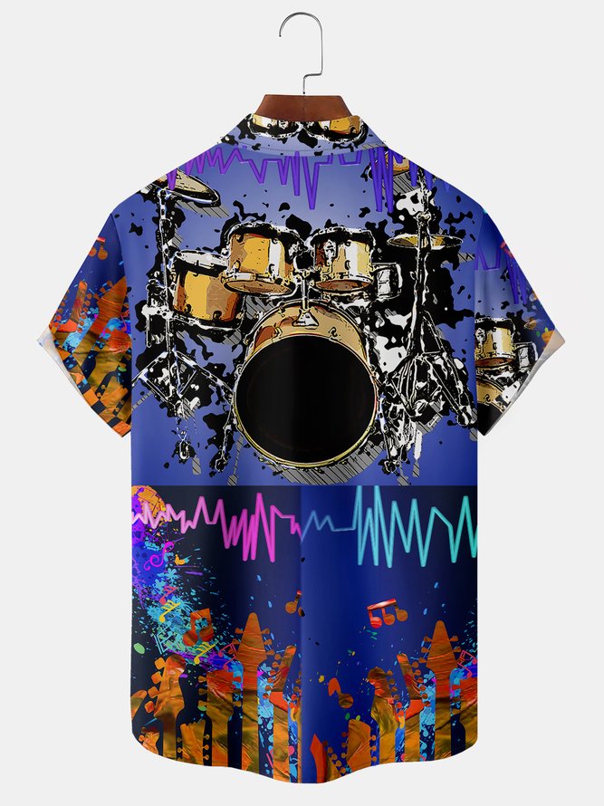 Men's Music Hawaiian Lapel Phonogram Drum Sets Short Sleeve Shirt