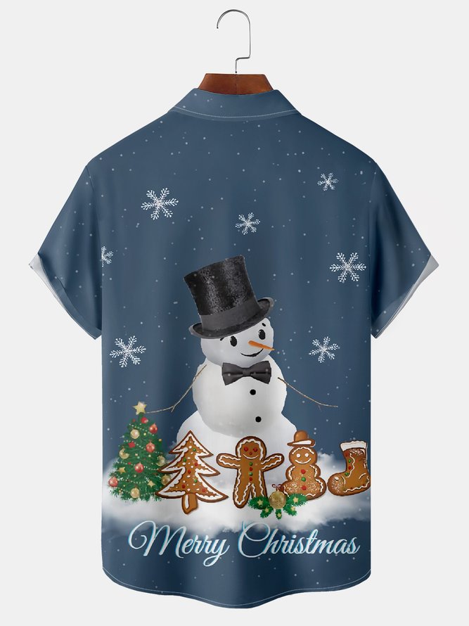 Men's Christmas Snowman Print Fashion Hawaiian Lapel Short Sleeve Shirt