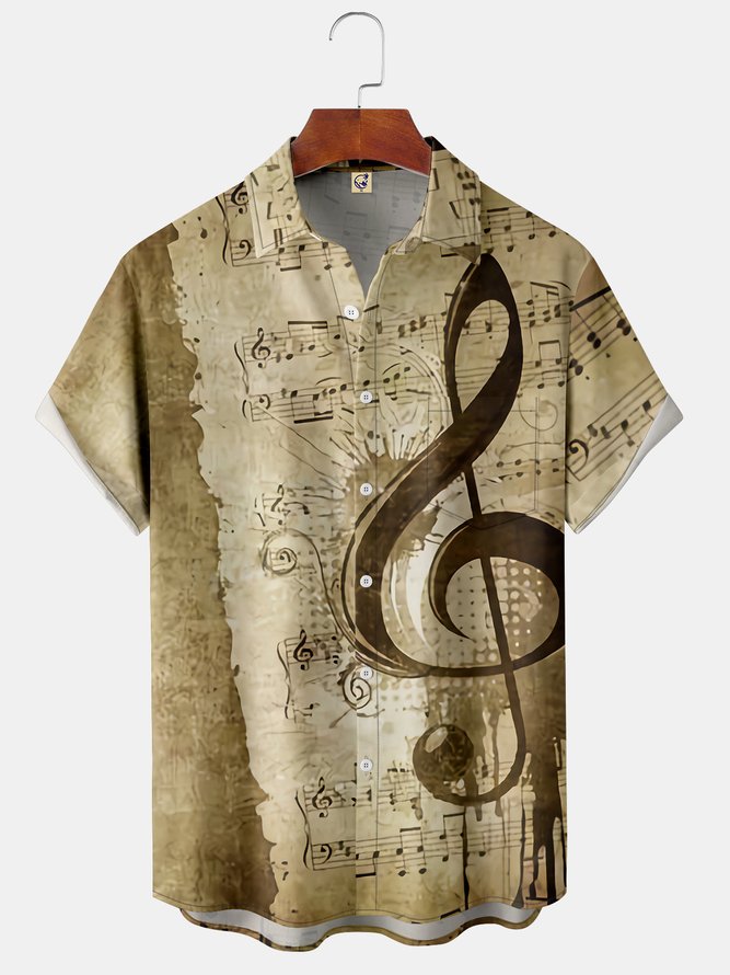 Mens Vintage Music Note Print Front Buttons Soft Breathable Chest Pocket Casual Hawaiian Shirt