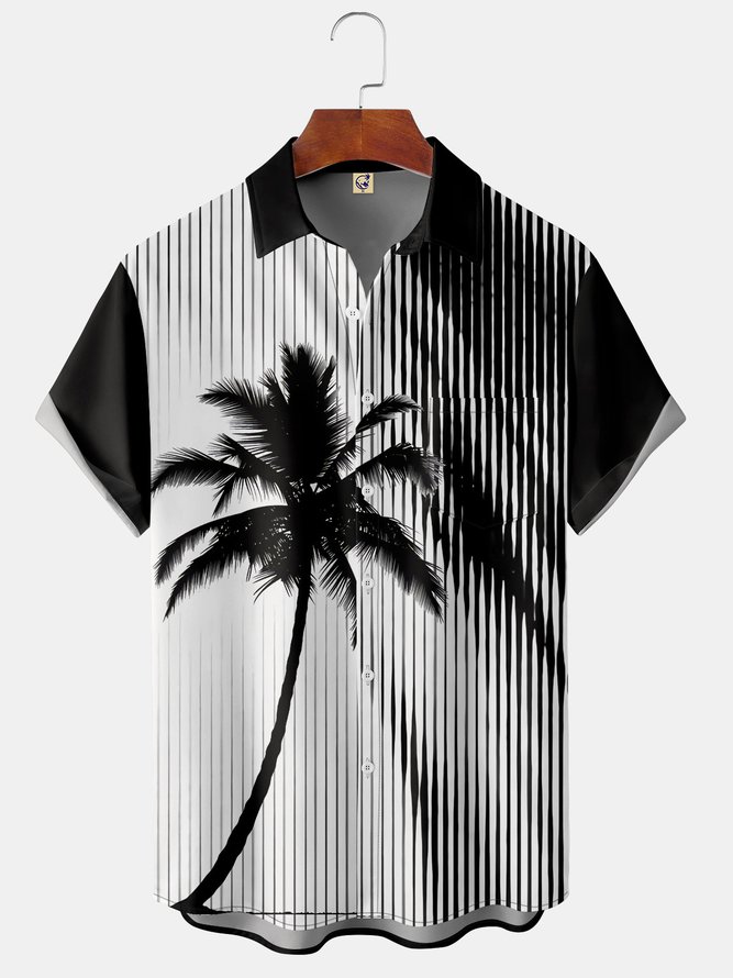 Mens Black-white Stripes Coconut Tree Print Front Buttons Soft Breathable Chest Pocket Casual Hawaiian Shirt