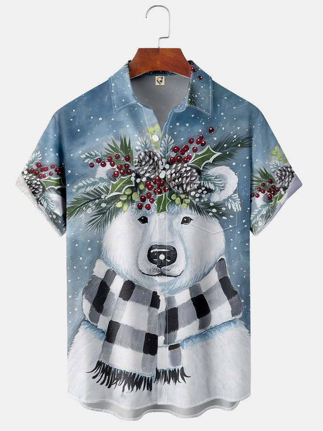 Men's Christmas Bear Print Fashion Hawaiian Lapel Short Sleeve Shirt