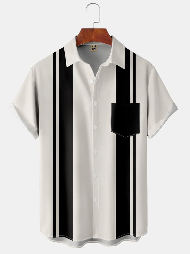 Contrast Stripe Back Pattern Chest Pocket Short Sleeve Shirt Lapel Top