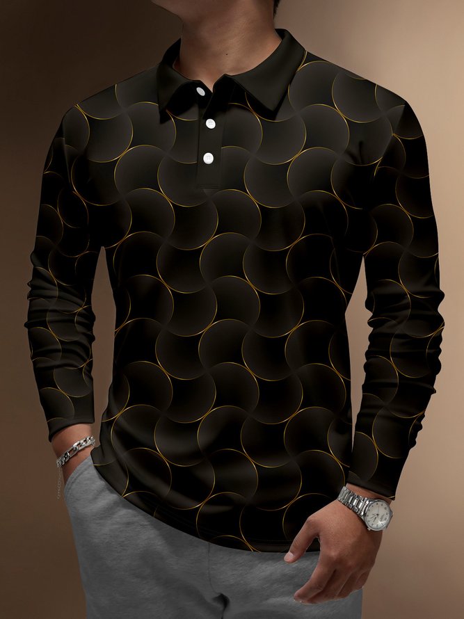 Men's 3D Gradient Abstract Stripe Print Button Business Soft Long Sleeve Polo Shirt