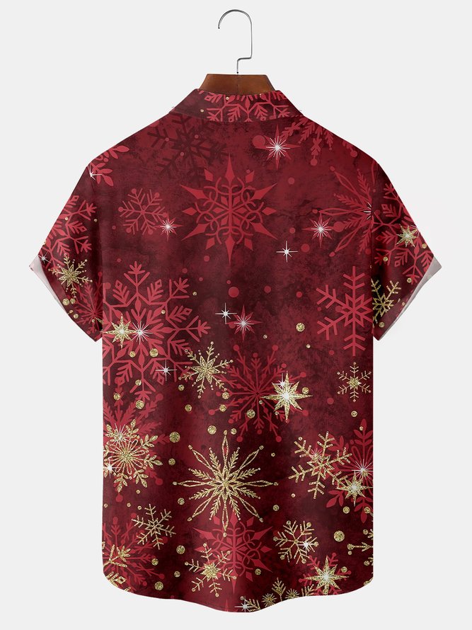 Christmas Snowshake Chest Pocket Short Sleeve Hawaiian Shirt