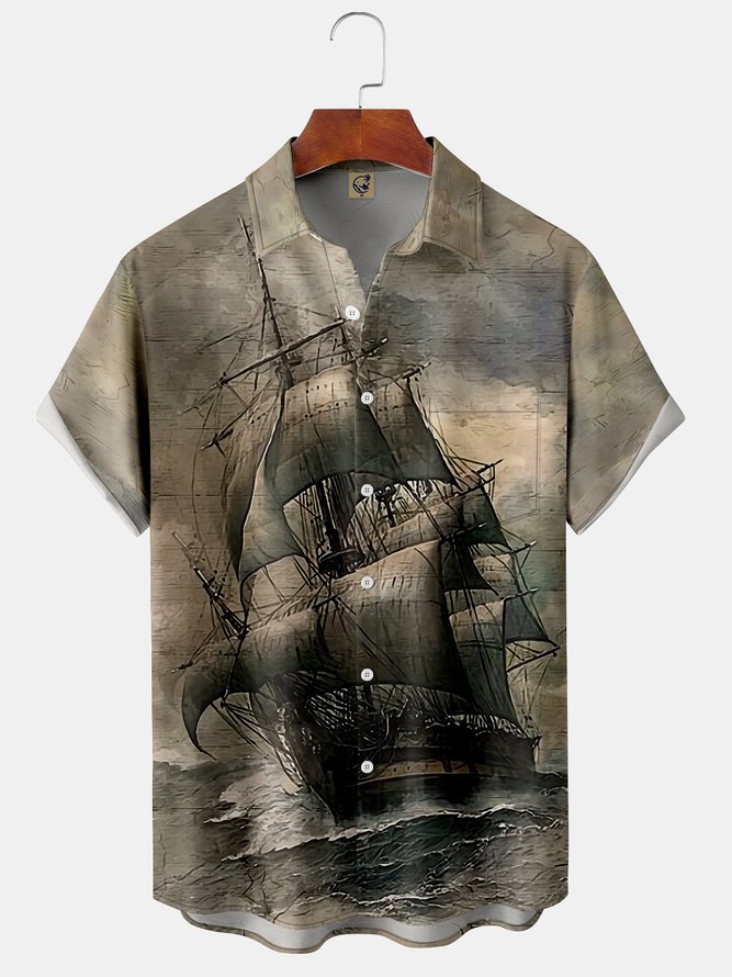 Sailing Boat Chest Pocket Short Sleeve Shirt