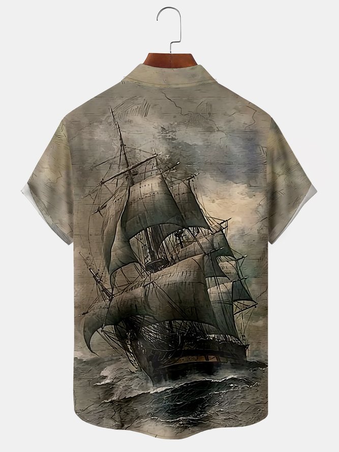 Sailing Boat Chest Pocket Short Sleeve Shirt