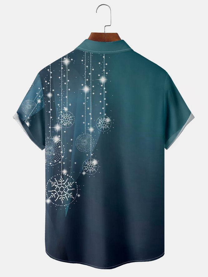 Christmas Snowshake Chest Pocket Short Sleeve Bowling Shirt