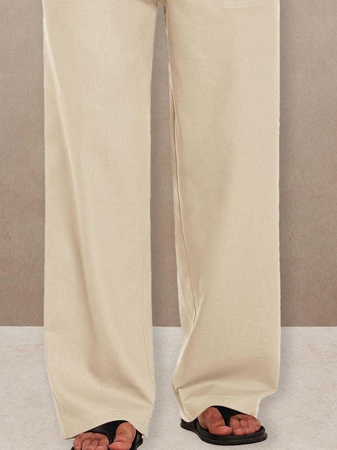 Plain Cotton Drawstring Waist Wide Leg Pants