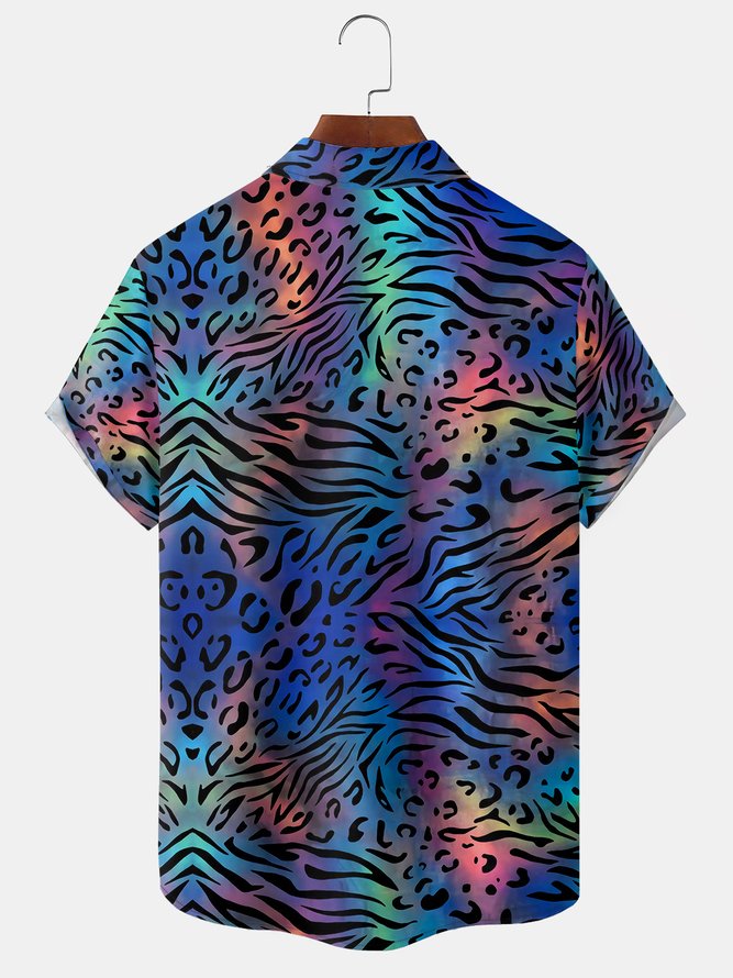 Leopard Gradient Color Chest Pocket Short Sleeve Shirt Resort Style Hawaii Series Lapel Top