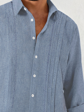 Pintuck Geometric Embroidered Lapel Long Sleeve Shirt