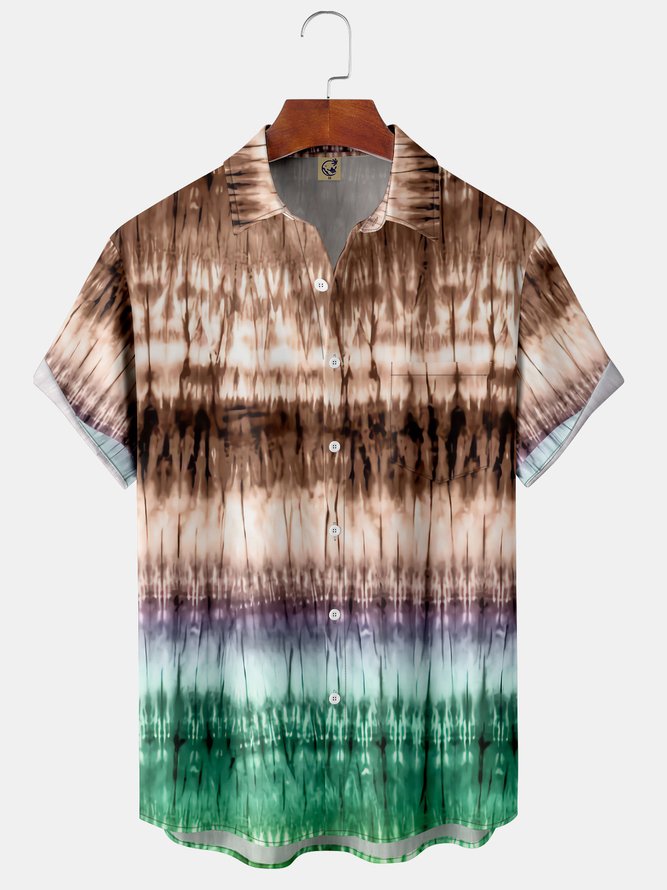 Tie Dye Pocket Short Sleeve Shirt Casual Style Hawaiian Print Top