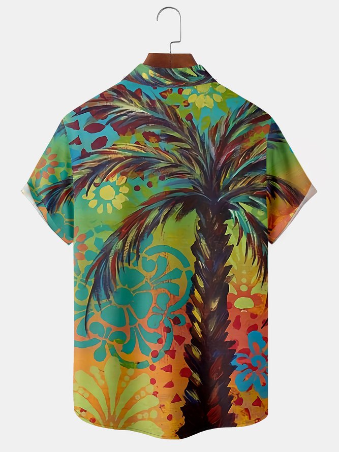 Coconut Tree Chest Pocket Short Sleeve Shirt Resort Style Hawaii Series Art Painting Print Lapel Top