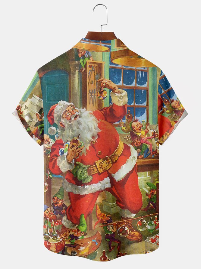 Santa Claus Chest Pocket Short Sleeve Shirt Christmas Lapel Print Top
