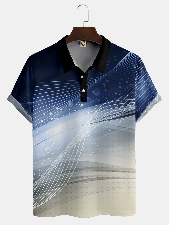 Men's 3D Abstract Line Gradient Button Short Sleeve Polo Shirt Casual Style Art Collection Lapel Print Top