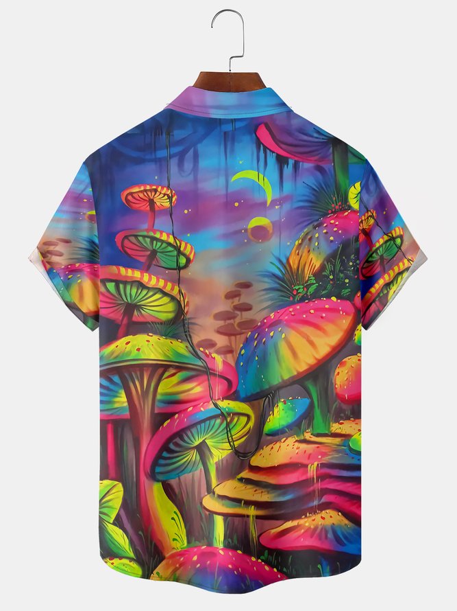Mushroom Print Chest Pocket Short Sleeve Shirt Resort Style Hippie Collection Lapel Top