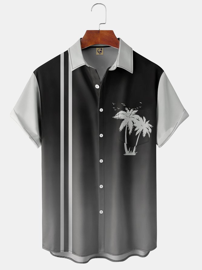 Coconut Tree Gradient Color Chest Pocket Short Sleeve Shirt Vacation Style Hawaii Series Color-block Lapel Top