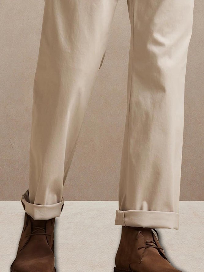 Cotton Blend Solid Straight Waist Casual Trousers