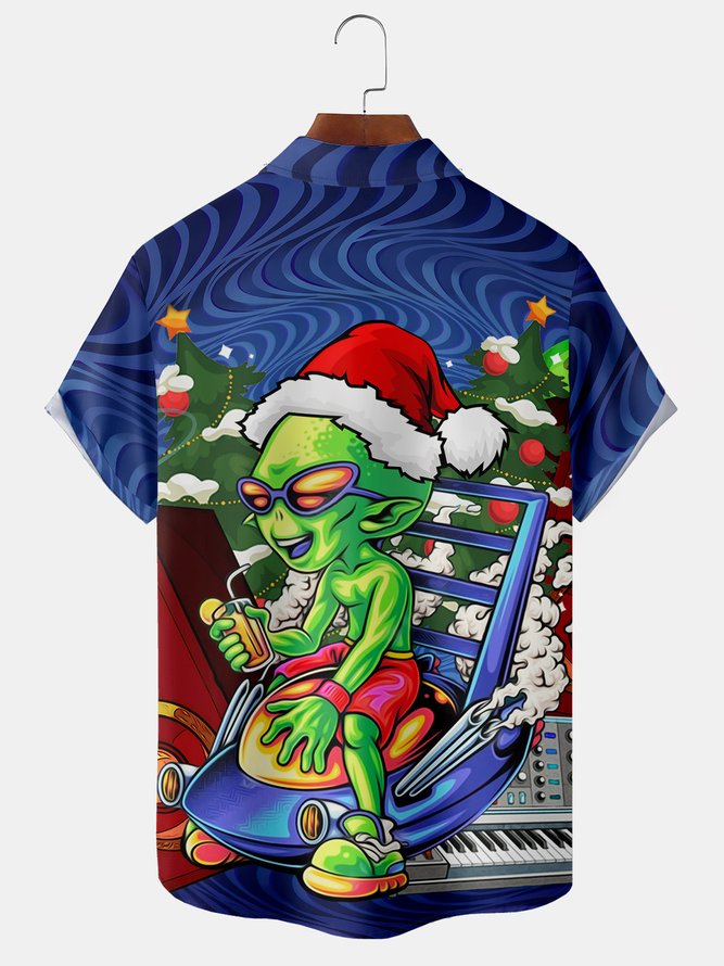 Christmas Alien Chest Pocket Short Sleeve Hawaiian Shirt