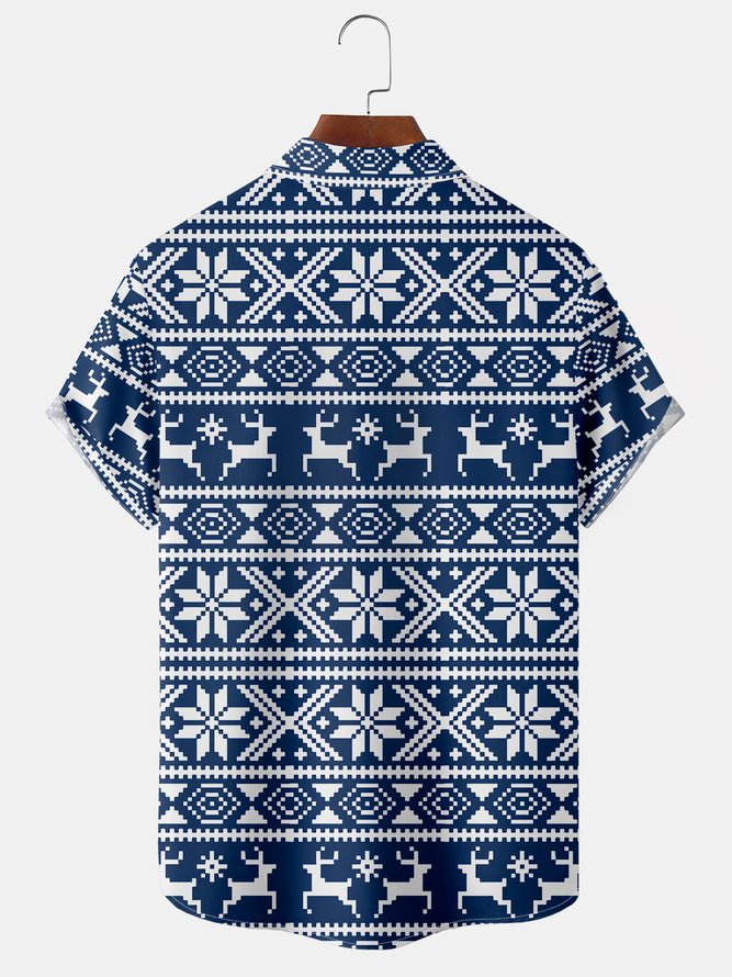 Christmas Fair Isle Pattern Chest Pocket Short Sleeve Casual Shirt