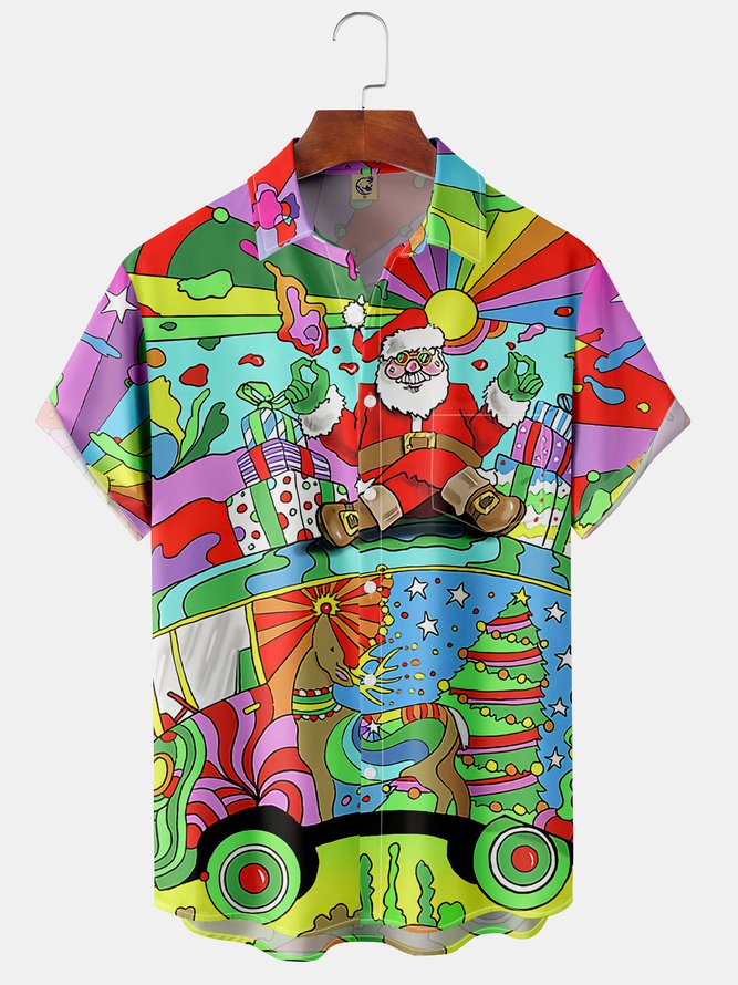 Hippie Christmas Chest Pocket Short Sleeve  Shirt