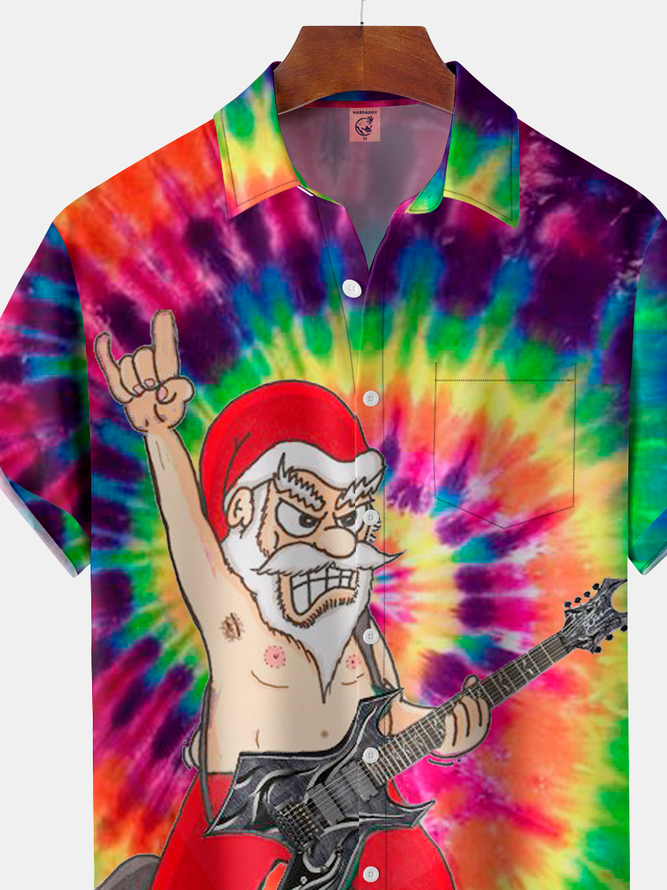 Hippie Santa Claus Chest Pocket Short Sleeve Shirt