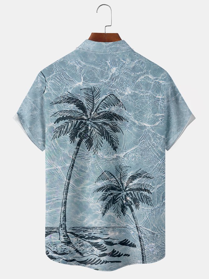 Waves Coconut Tree Chest Pocket Short Sleeve Hawaiian Shirt