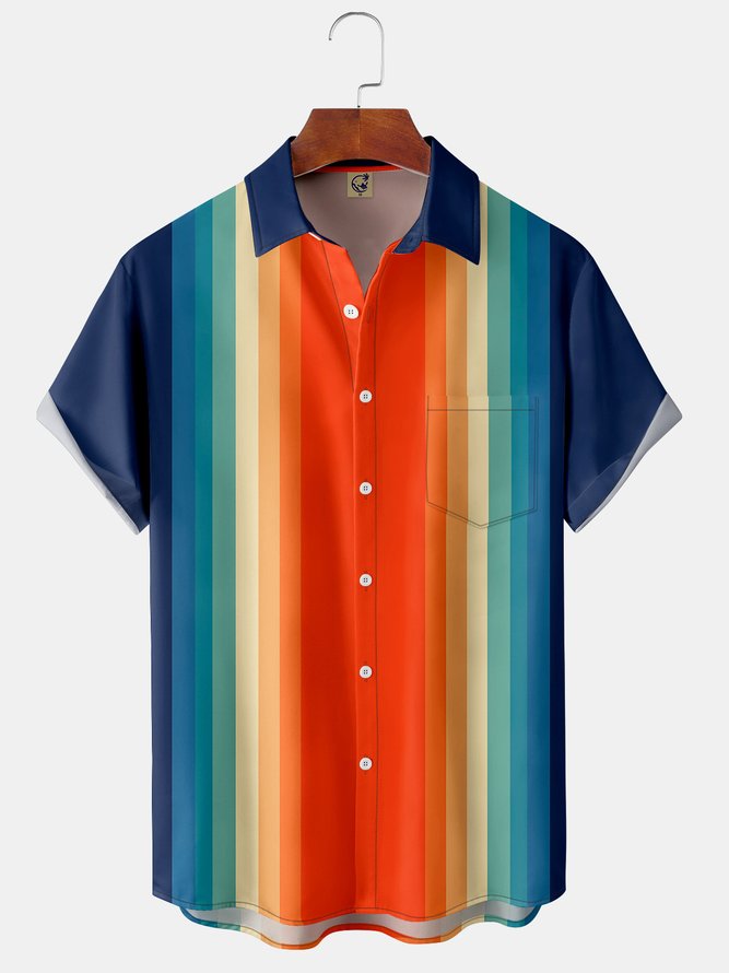 Contrast Color Stripes Chest Pocket Short Sleeve Bowling Shirt