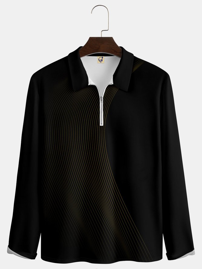 Gold Striped Zip Long Sleeve Polo