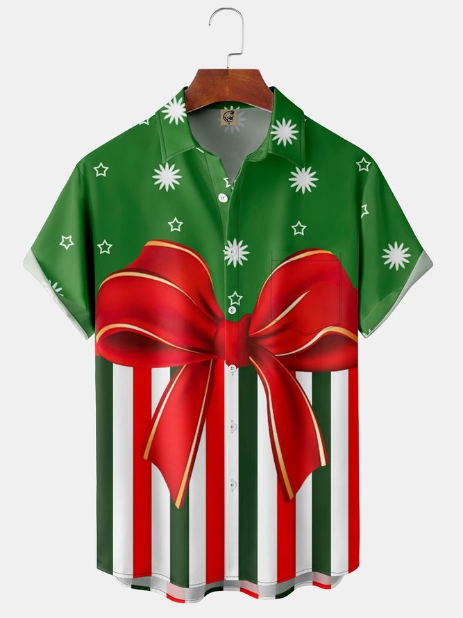 Christmas Gift Box Chest Pocket Short Sleeve Shirt