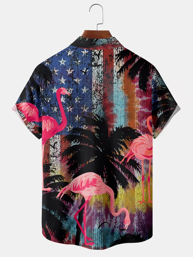 Tie Dye National Flag Flamingo Chest Pocket Short Sleeve Hawaiian Shirt