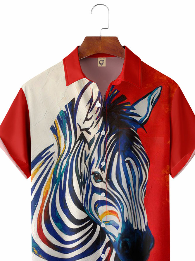 Zebra Art Painting Chest Pocket Short Sleeve Casual Shirt