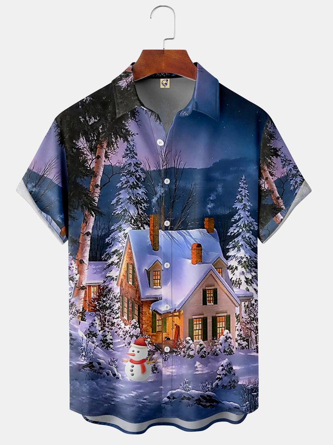 Christmas Wonderland Chest Pocket Short Sleeve Casual Shirt