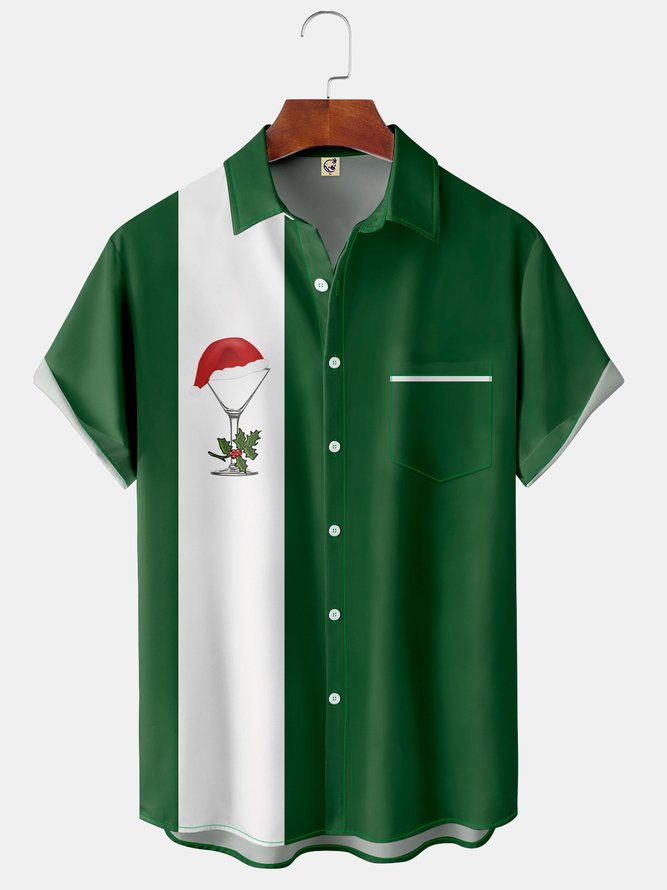 Christmas Hat Chest Pocket Short Sleeve Bowling Shirt