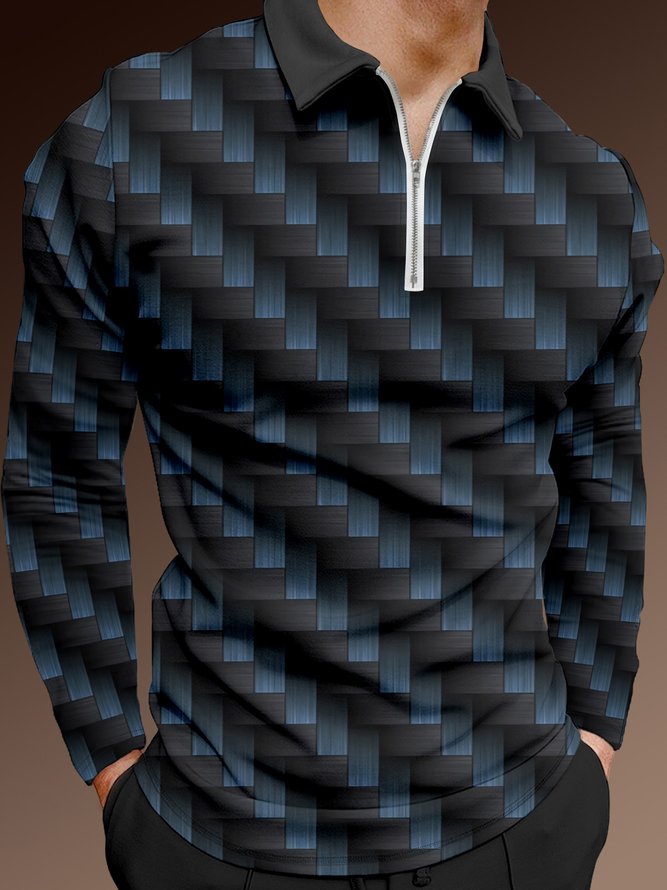 3D Gradient Geometric Zip Long Sleeve Polo