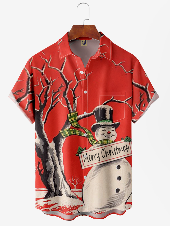 Christmas Snowman Chest Pocket Short Sleeve Casual Shirt