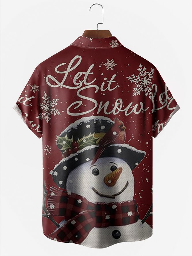 Christmas Snowman Chest Pocket Short Sleeve Casual Shirt