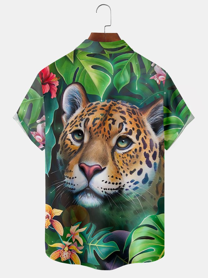 Tropiacal Leopard Chest Pocket Short Sleeve Hawaiian Shirt